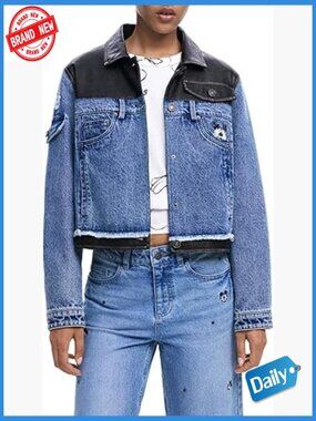 Denim Trucker Jacket Long Sleeve Zip Front Pockets Dry Clean